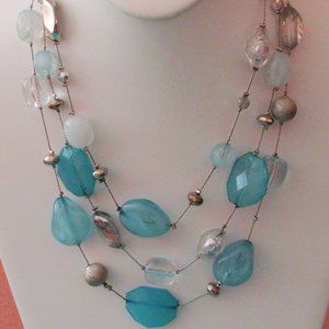 Vintage Signed NY Blue & Silver Chunky Triple Strand Necklace - N1705HN1